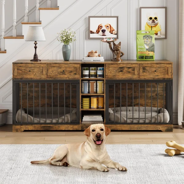82'' Large Double Dog Crate TV Stand With Drawers